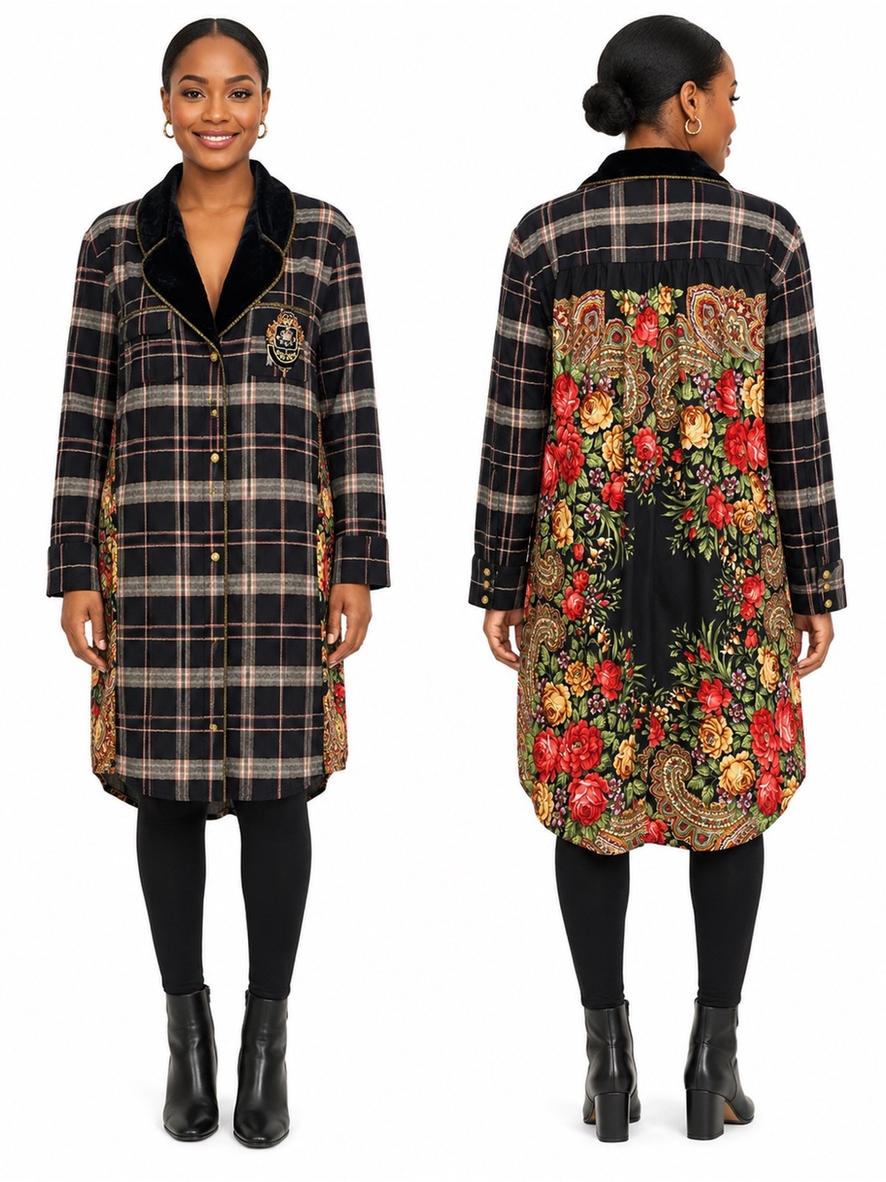 Aratta Silent Journey Plaid Floral Mixed Media Duster Shirt Jacket M